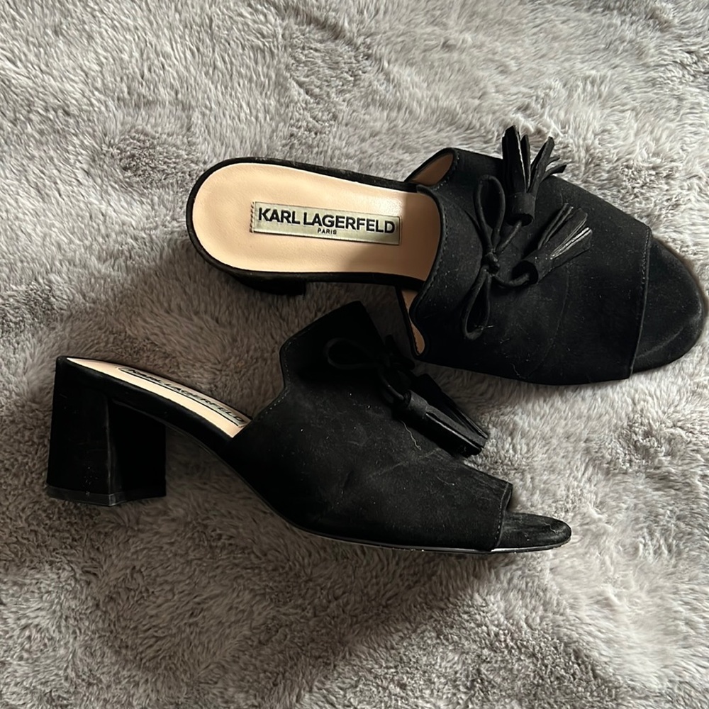 Karl Lagerfeld black suede open toe chunky heel mules - 6.5